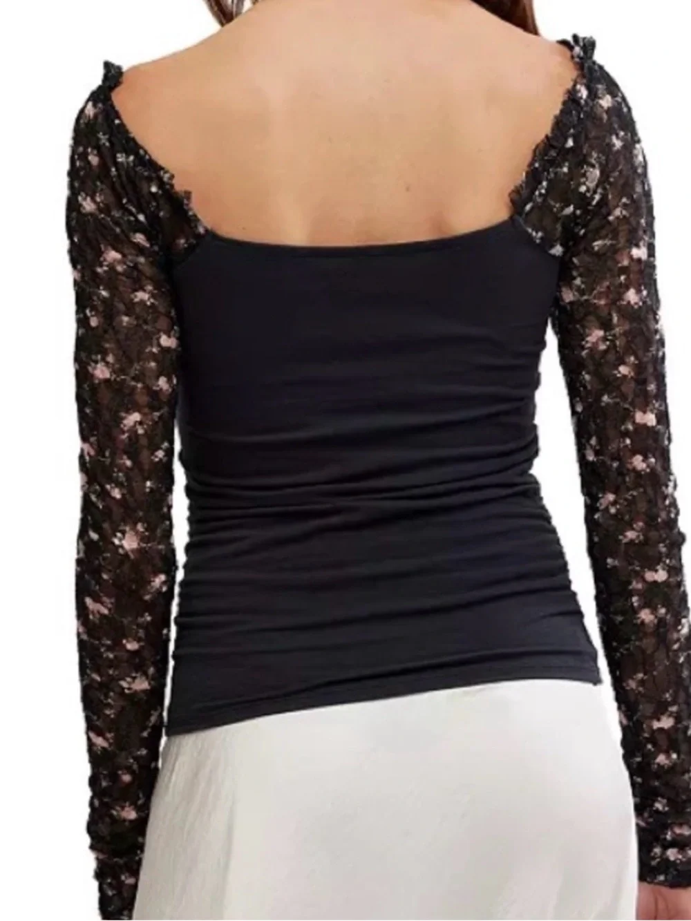 Free People Black Floral Mesh Long Sleeve Square Neck Top